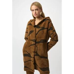 NEW JOSEPH RIBKOFF animal print hooded faux fur coat in brown/black